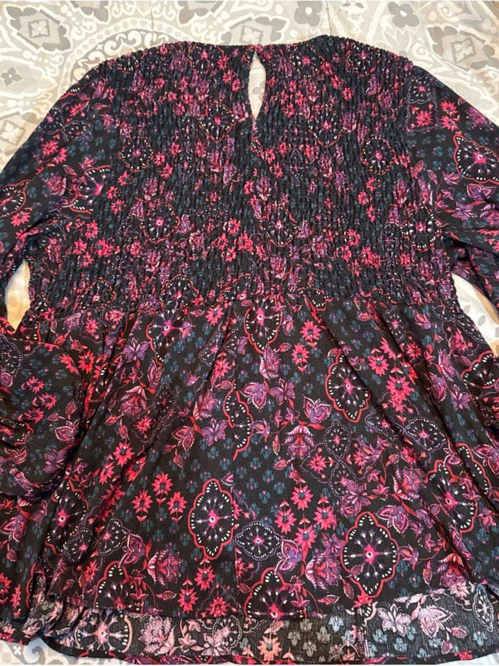 Torrid Black Floral Smocked Peasant Top with Magenta Accents - Picture 3 of 3